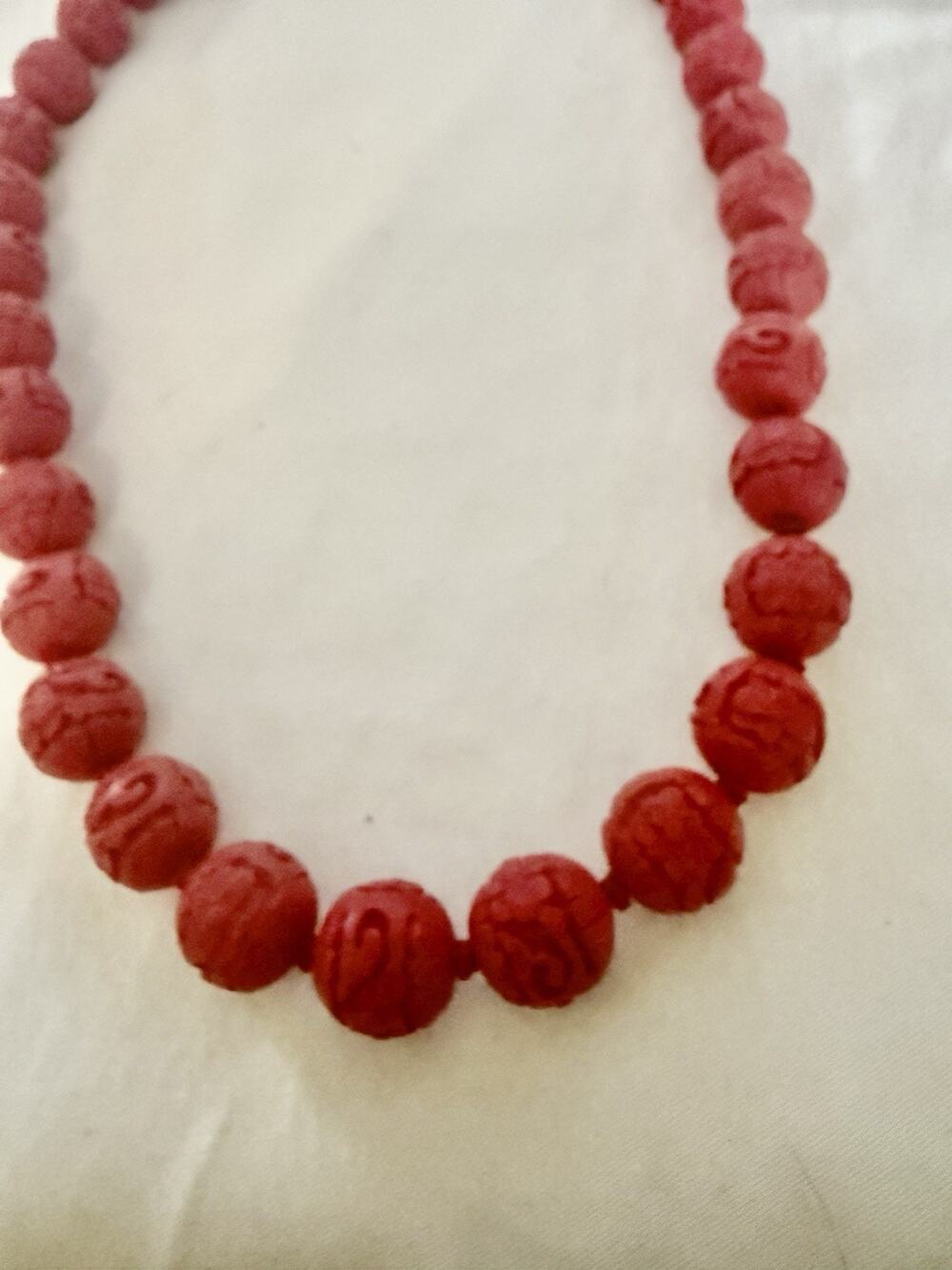 Vintage Old Chinese Dip Carved Red CINNABAR 29" Long Beaded NECKLACE Knotted
